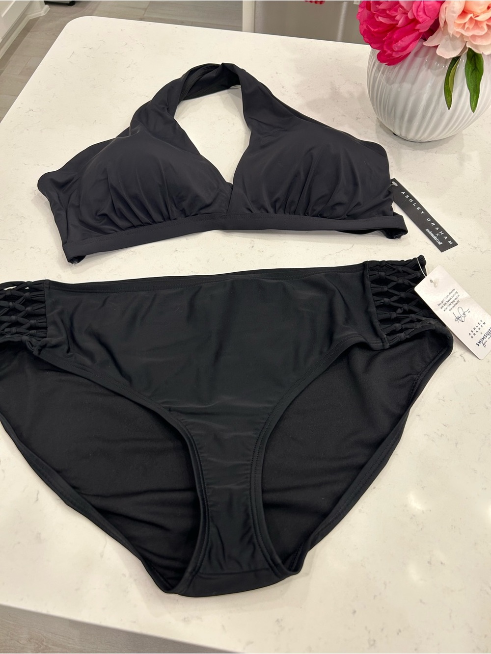 Swimsuits For All Black Halter Bikini with Macramé Side Detail